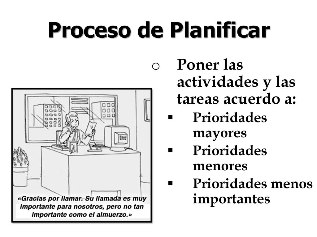 Proceso de Planificar Poner las actividades y las tareas acuerdo a: