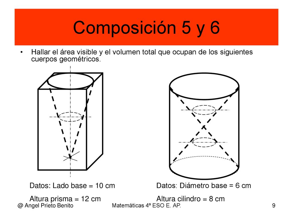 Composición 5 y 6 Hallar el área visible y el volumen total que ocupan de los siguientes cuerpos geométricos.