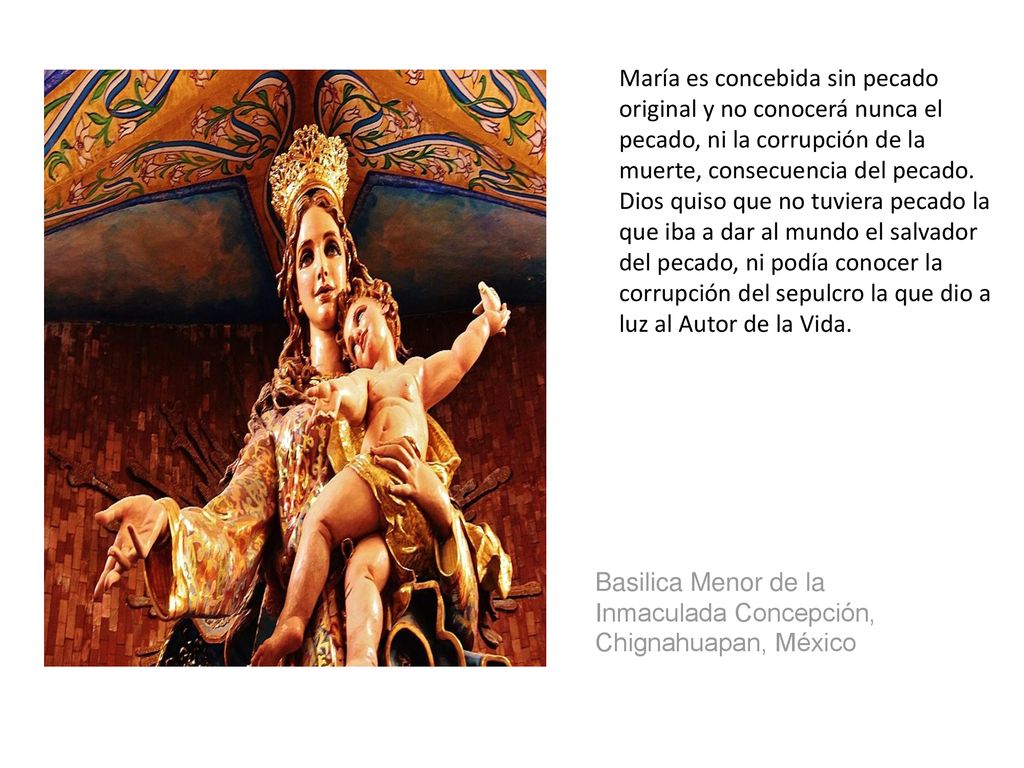 María es concebida sin pecado original y no conocerá nunca el pecado, ni la corrupción de la muerte, consecuencia del pecado. Dios quiso que no tuviera pecado la que iba a dar al mundo el salvador del pecado, ni podía conocer la corrupción del sepulcro la que dio a luz al Autor de la Vida.