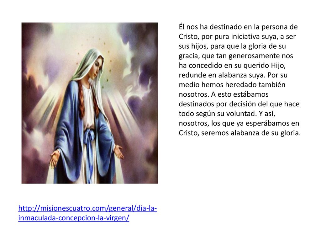 Él nos ha destinado en la persona de Cristo, por pura iniciativa suya, a ser sus hijos, para que la gloria de su gracia, que tan generosamente nos ha concedido en su querido Hijo, redunde en alabanza suya. Por su medio hemos heredado también nosotros. A esto estábamos destinados por decisión del que hace todo según su voluntad. Y así, nosotros, los que ya esperábamos en Cristo, seremos alabanza de su gloria.