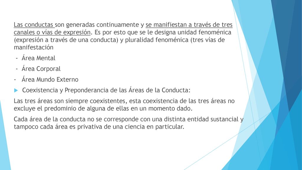 Las conductas son generadas continuamente y se manifiestan a través de tres canales o vías de expresión. Es por esto que se le designa unidad fenoménica (expresión a través de una conducta) y pluralidad fenoménica (tres vías de manifestación