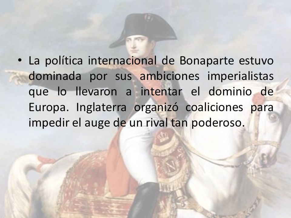 La política internacional de Bonaparte estuvo dominada por sus ambiciones imperialistas que lo llevaron a intentar el dominio de Europa.