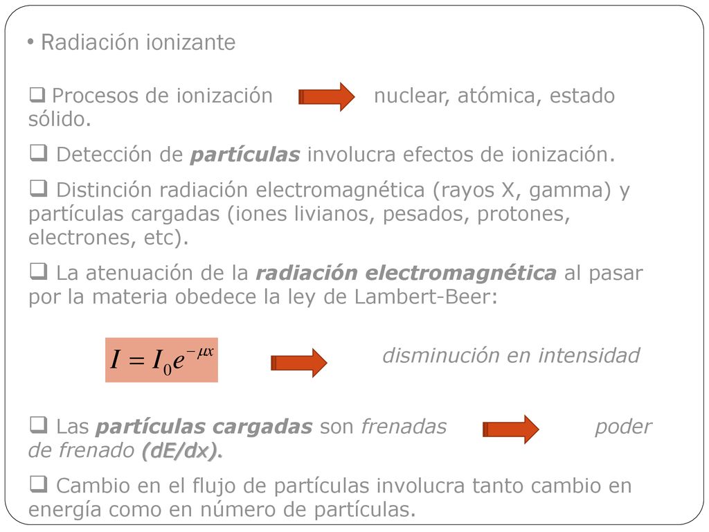 Radiación ionizante Procesos de ionización nuclear, atómica, estado sólido. Detección de partículas involucra efectos de ionización.
