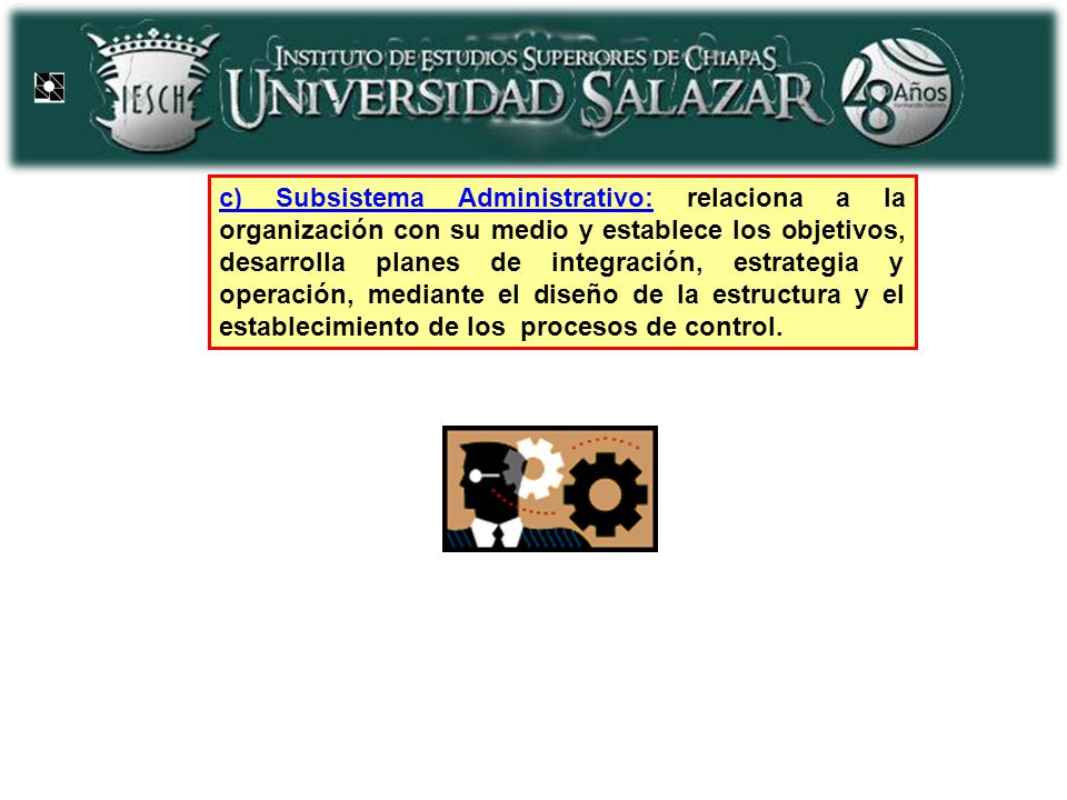 c) Subsistema Administrativo: relaciona a la organización con su medio y establece los objetivos, desarrolla planes de integración, estrategia y operación, mediante el diseño de la estructura y el establecimiento de los procesos de control.