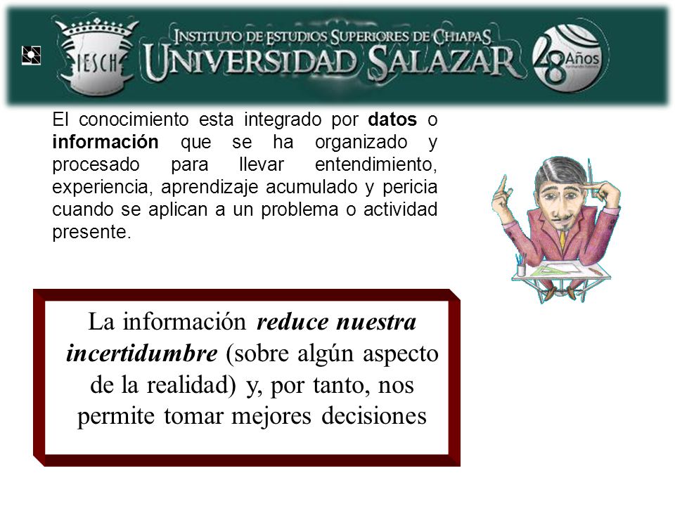 El conocimiento esta integrado por datos o información que se ha organizado y procesado para llevar entendimiento, experiencia, aprendizaje acumulado y pericia cuando se aplican a un problema o actividad presente.