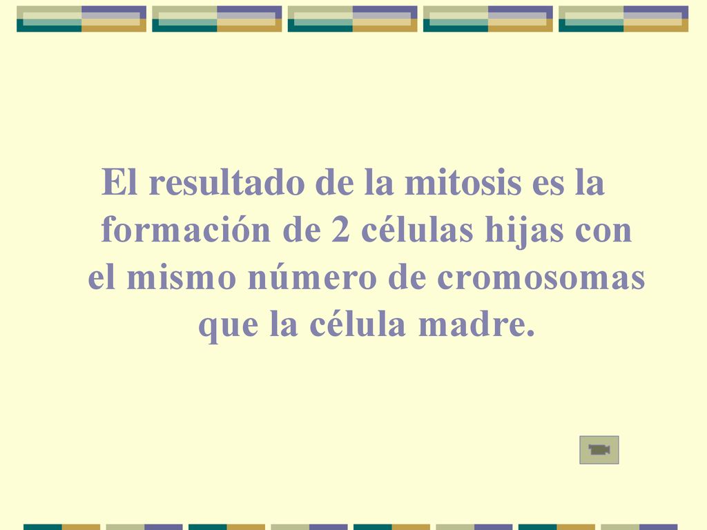 El resultado de la mitosis es la formación de 2 células hijas con el mismo número de cromosomas que la célula madre.