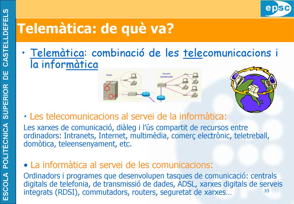 Telemàtica: de què va Telemàtica: combinació de les telecomunicacions i la informàtica. Les telecomunicacions al servei de la informàtica: