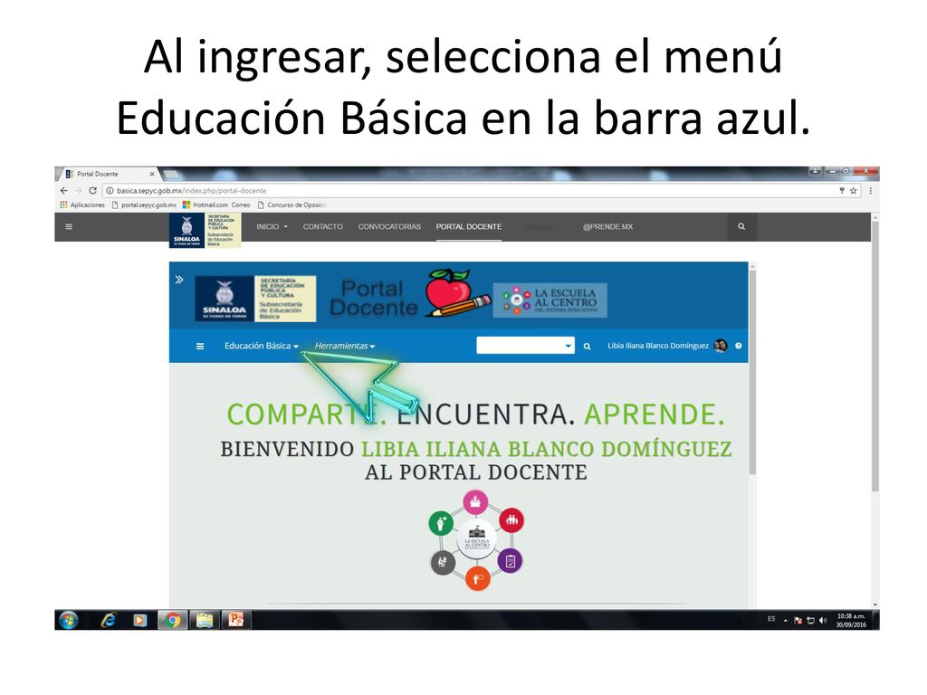 Al ingresar, selecciona el menú Educación Básica en la barra azul.