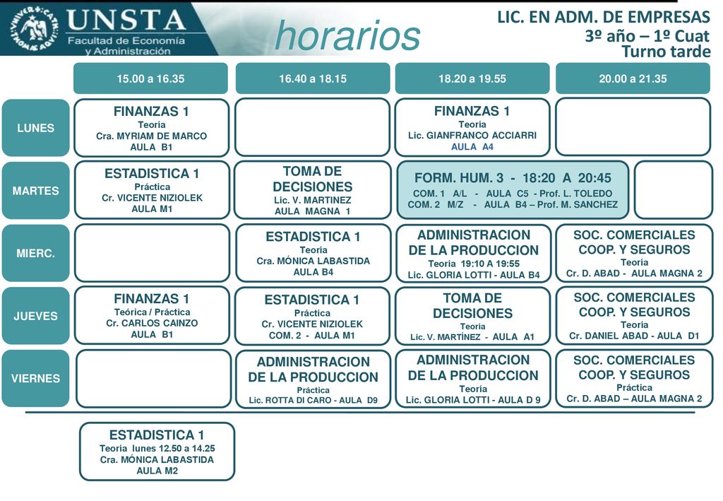 horarios LIC. EN ADM. DE EMPRESAS 3º año – 1º Cuat Turno tarde
