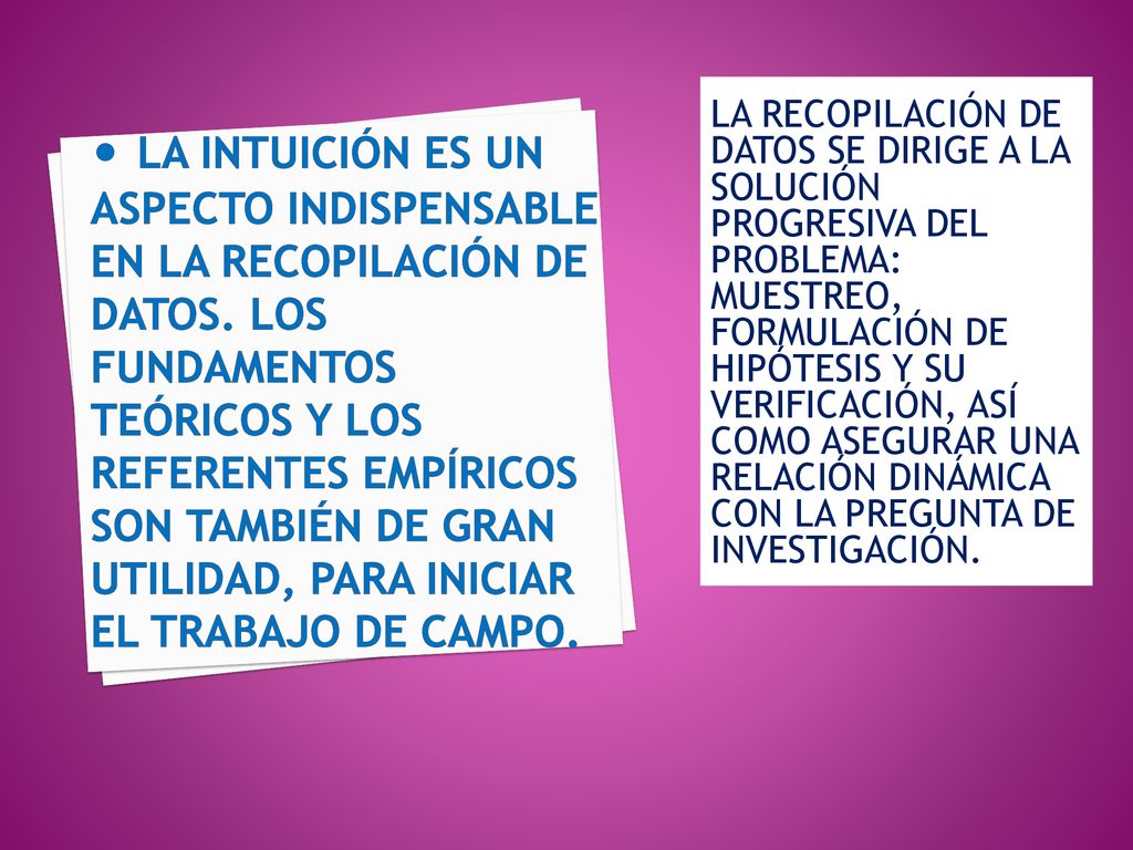 LA RECOPILACIÓN DE DATOS SE DIRIGE A LA SOLUCIÓN PROGRESIVA DEL PROBLEMA: MUESTREO, FORMULACIÓN DE HIPÓTESIS Y SU VERIFICACIÓN, ASÍ COMO ASEGURAR UNA RELACIÓN DINÁMICA CON LA PREGUNTA DE INVESTIGACIÓN.