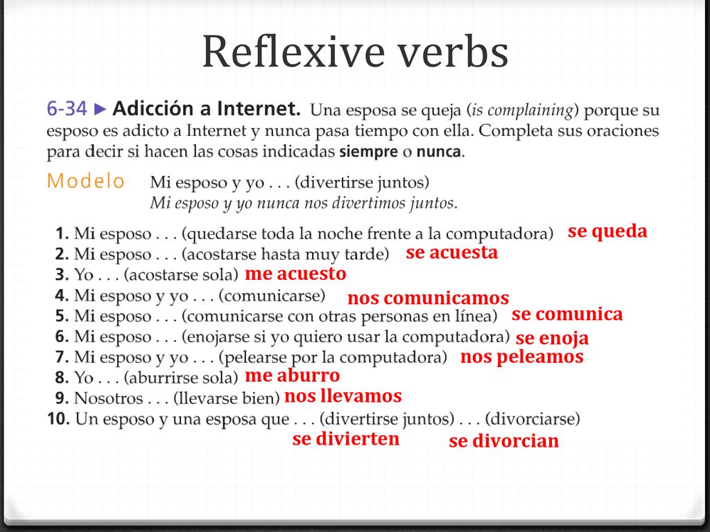 Reflexive verbs se queda se acuesta me acuesto nos comunicamos
