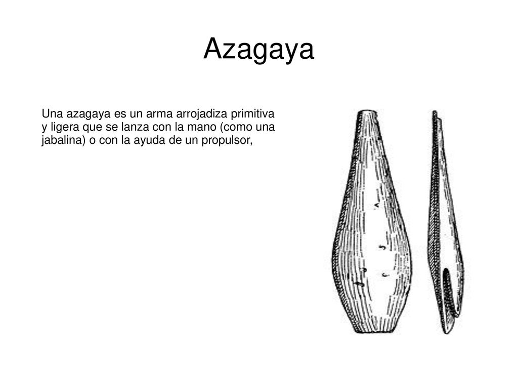 Azagaya Una azagaya es un arma arrojadiza primitiva y ligera que se lanza con la mano (como una jabalina) o con la ayuda de un propulsor,