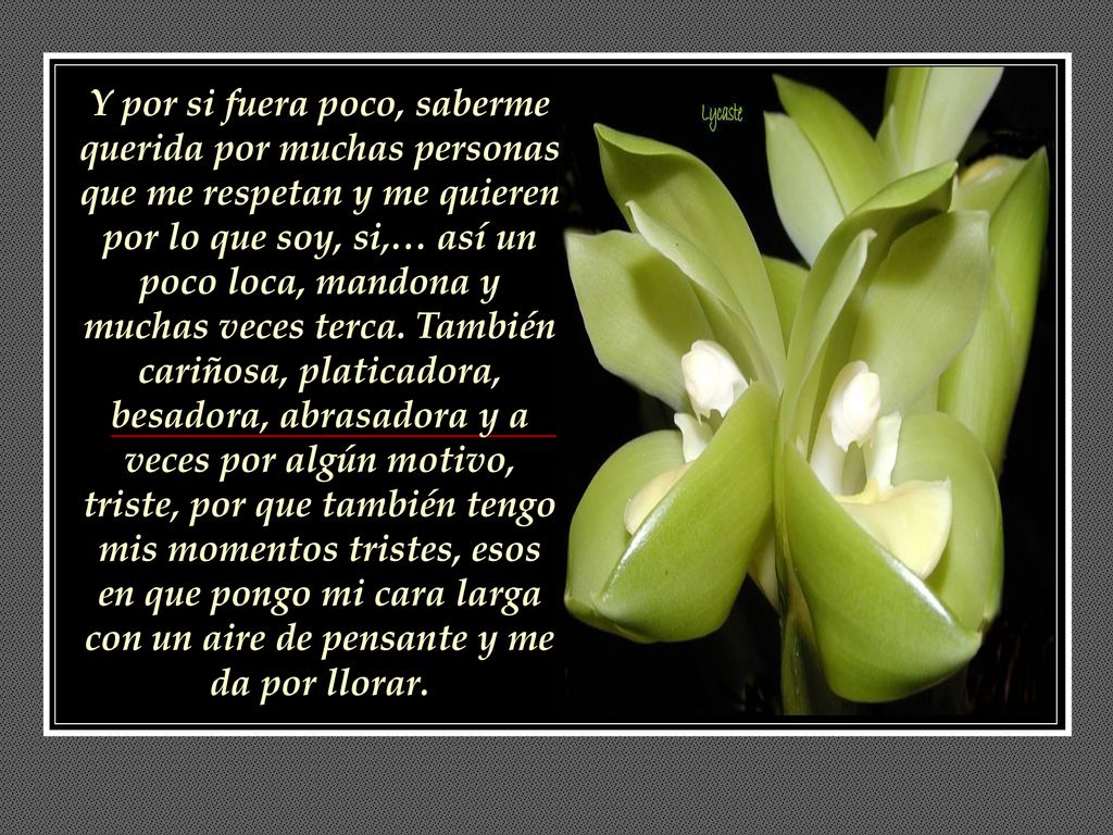 Y por si fuera poco, saberme querida por muchas personas que me respetan y me quieren por lo que soy, si,… así un poco loca, mandona y muchas veces terca.