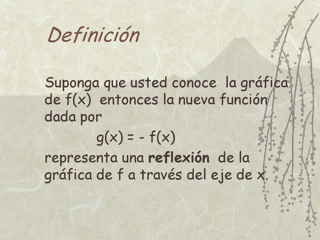 Definición Suponga que usted conoce la gráfica de f(x) entonces la nueva función dada por. g(x) = - f(x)