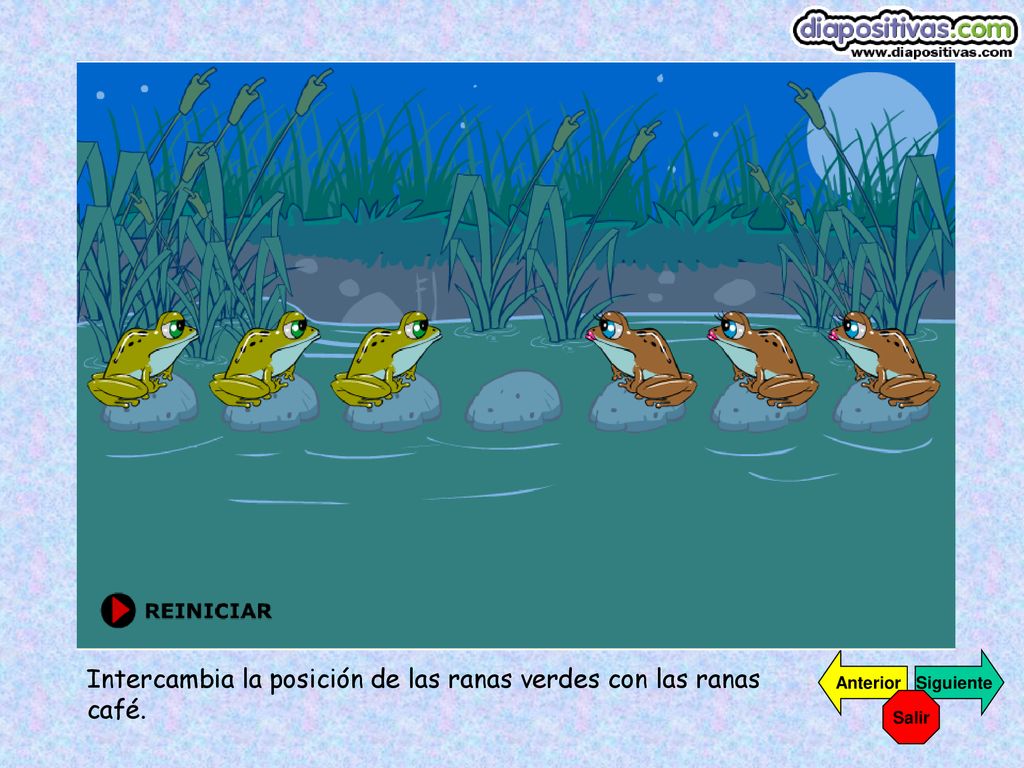 Intercambia la posición de las ranas verdes con las ranas café.