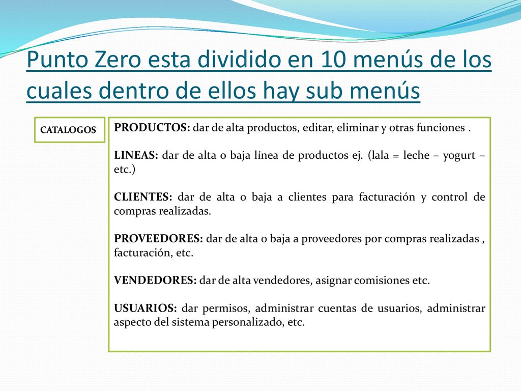 Punto Zero esta dividido en 10 menús de los cuales dentro de ellos hay sub menús