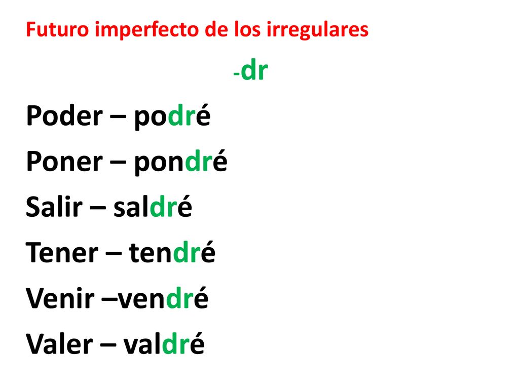 Poder – podré Poner – pondré Salir – saldré Tener – tendré