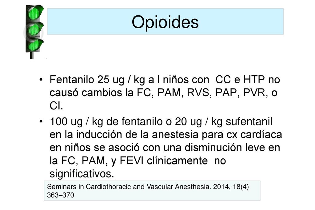 Opioides Fentanilo 25 ug / kg a l niños con CC e HTP no causó cambios la FC, PAM, RVS, PAP, PVR, o CI.