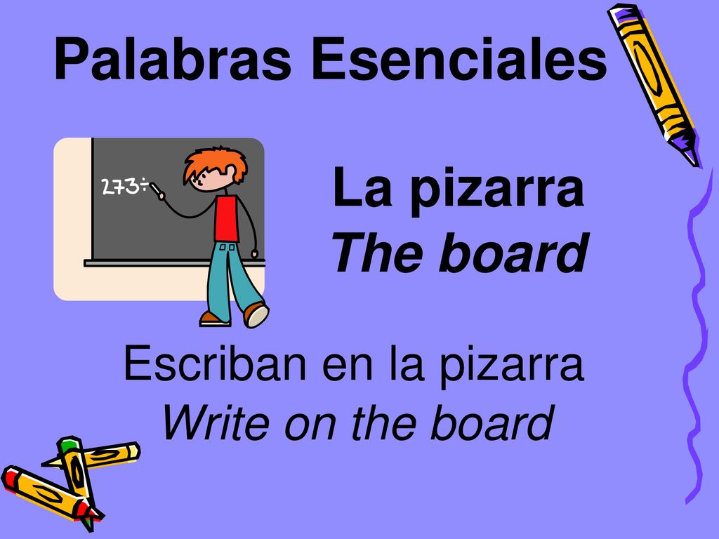 Palabras Esenciales La pizarra The board Escriban en la pizarra