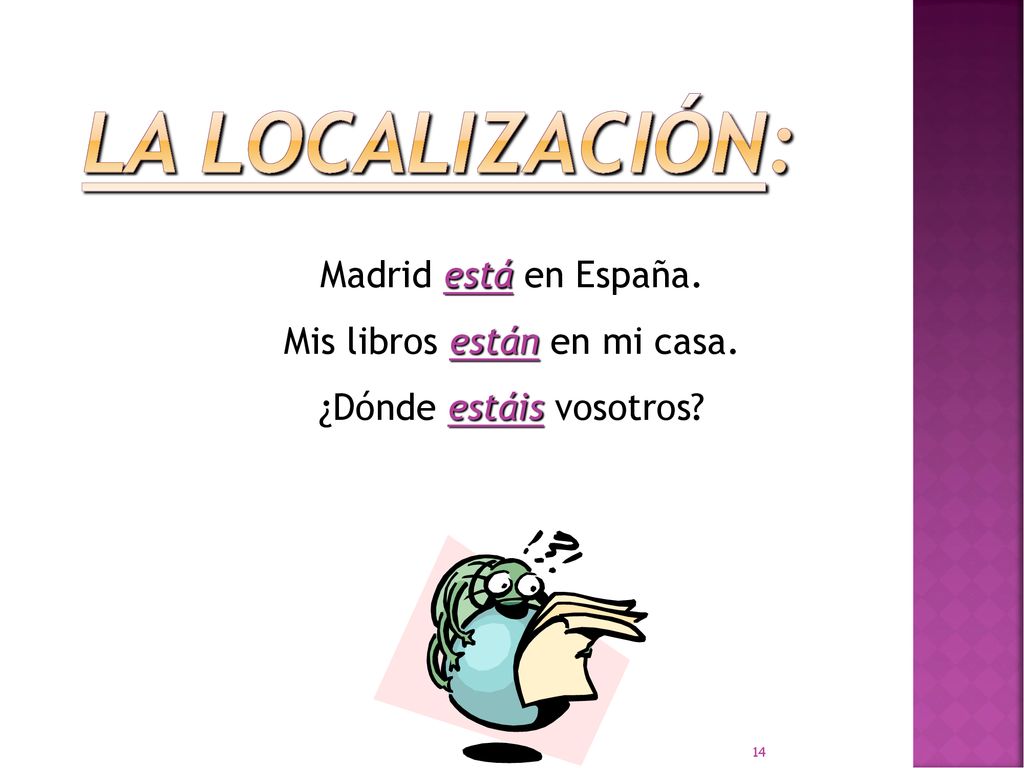 La Localización: Madrid está en España. Mis libros están en mi casa. ¿Dónde estáis vosotros