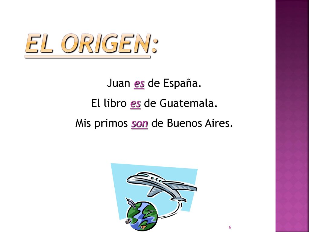 El Origen: Juan es de España. El libro es de Guatemala. Mis primos son de Buenos Aires.