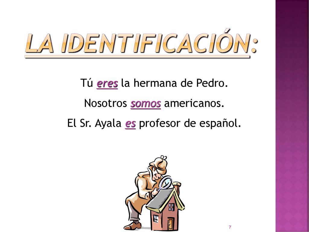 La Identificación: Tú eres la hermana de Pedro. Nosotros somos americanos.