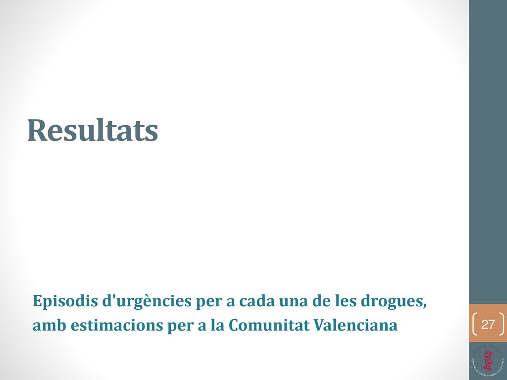Resultats Episodis d urgències per a cada una de les drogues, amb estimacions per a la Comunitat Valenciana