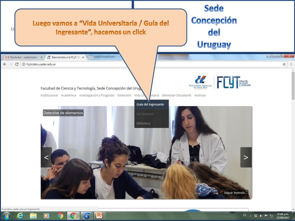 Luego vamos a Vida Universitaria / Guía del Ingresante , hacemos un click