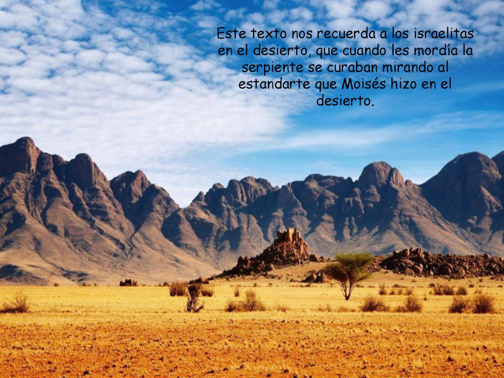 Este texto nos recuerda a los israelitas en el desierto, que cuando les mordía la serpiente se curaban mirando al estandarte que Moisés hizo en el desierto.