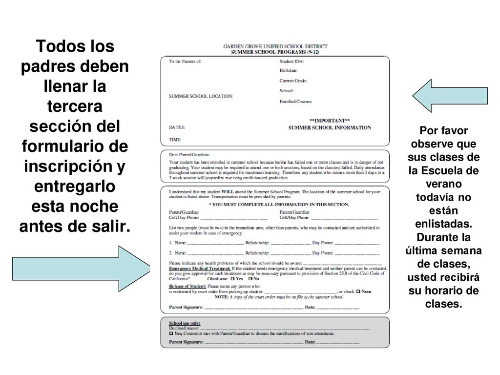 Todos los padres deben llenar la tercera sección del formulario de inscripción y entregarlo esta noche antes de salir.