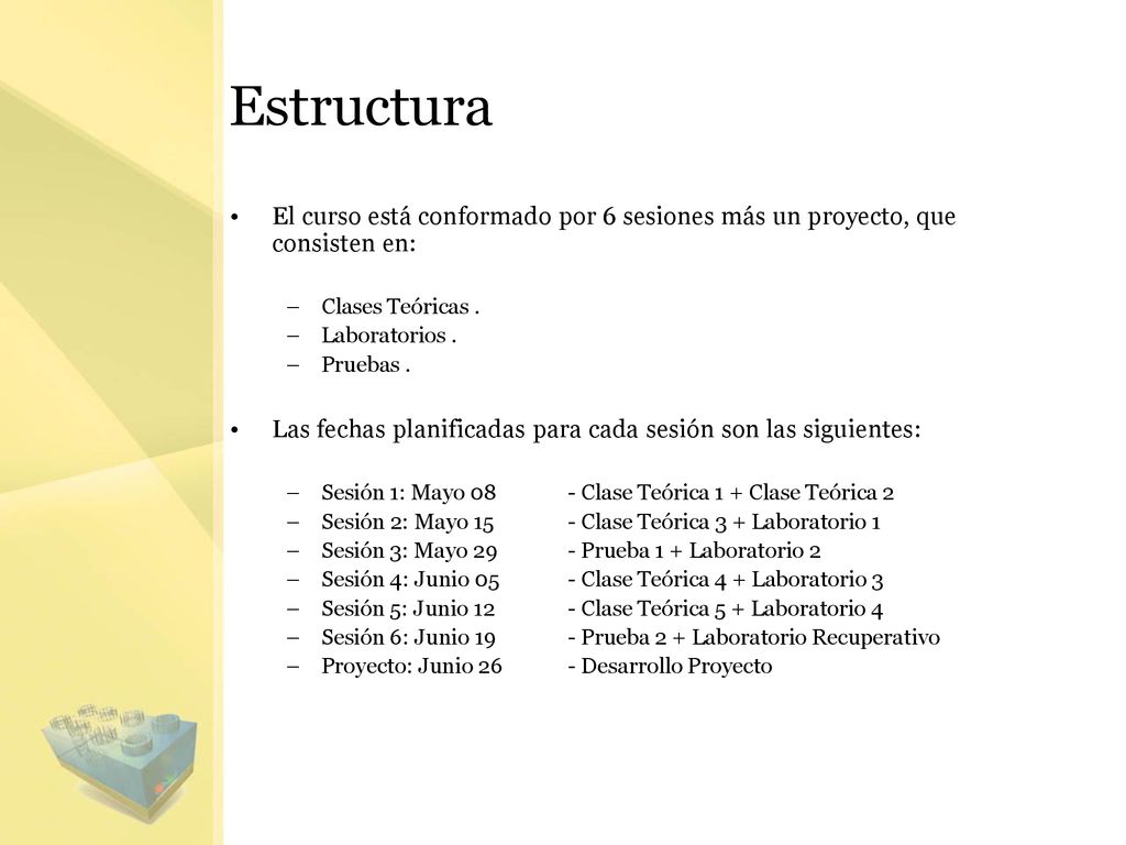 Estructura El curso está conformado por 6 sesiones más un proyecto, que consisten en: Clases Teóricas .