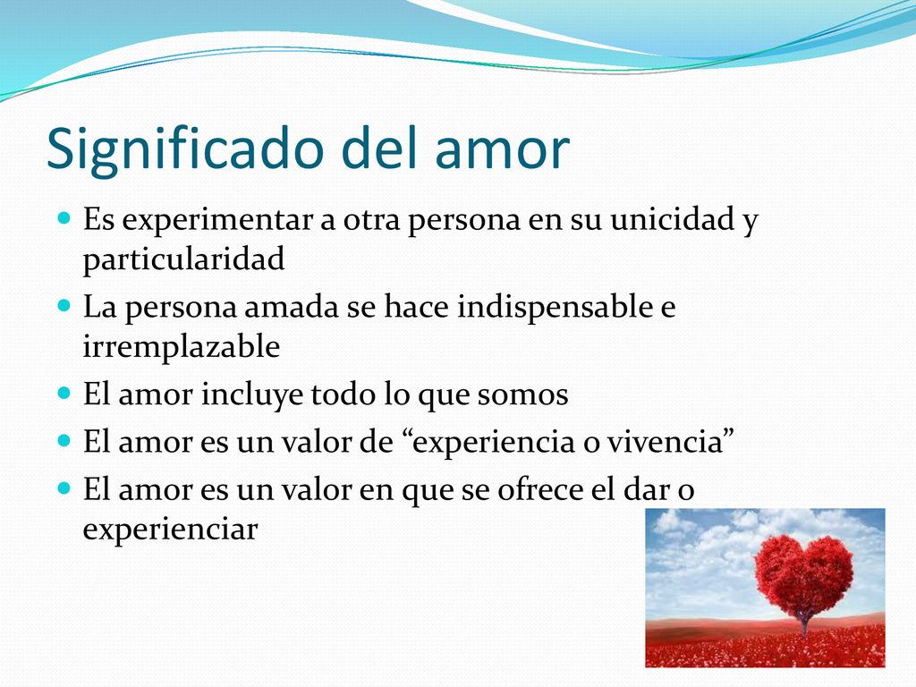 Significado del amor Es experimentar a otra persona en su unicidad y particularidad. La persona amada se hace indispensable e irremplazable.