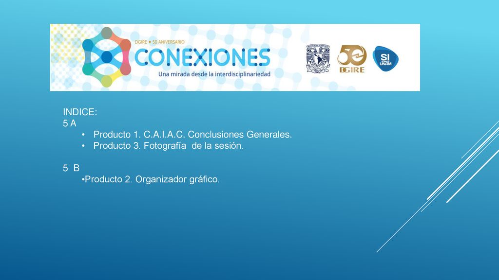 INDICE: 5 A. Producto 1. C.A.I.A.C. Conclusiones Generales. Producto 3. Fotografía de la sesión.