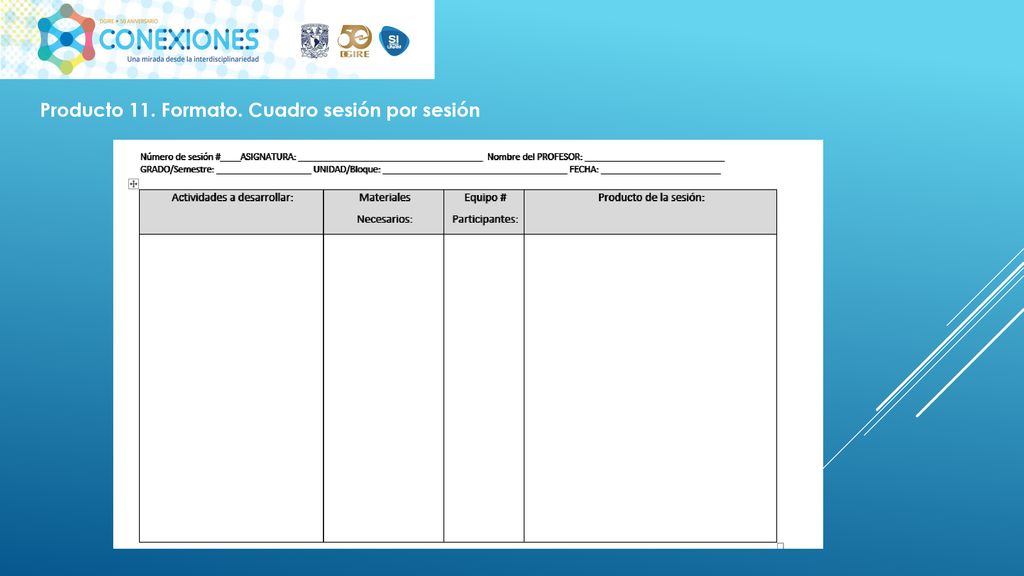 Producto 11. Formato. Cuadro sesión por sesión