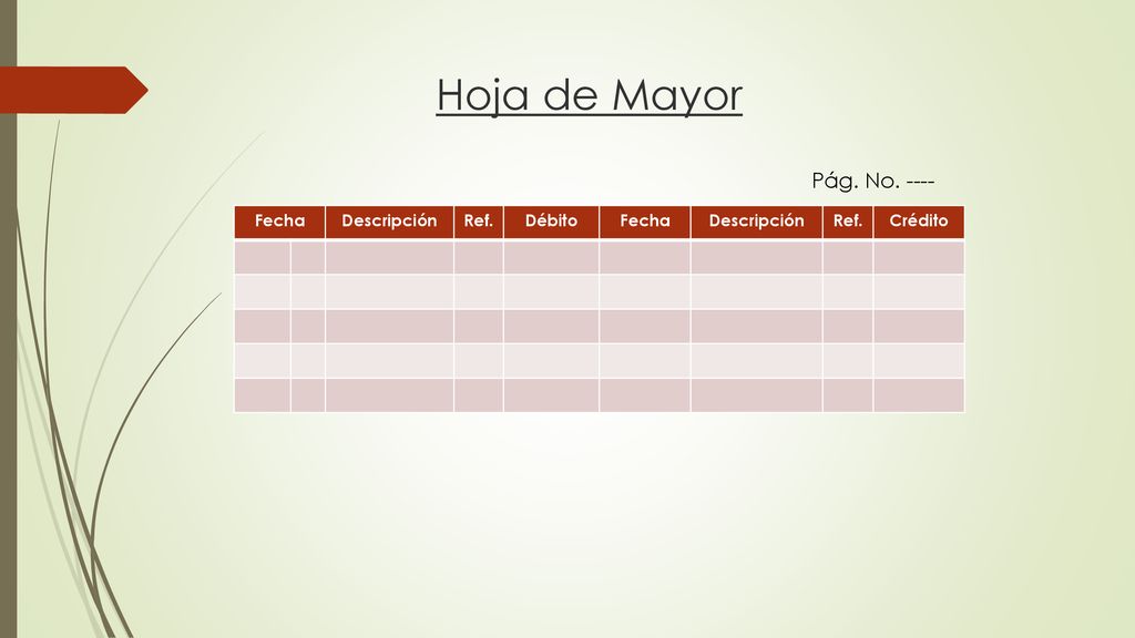 Hoja de Mayor Pág. No Fecha Descripción Ref. Débito Crédito