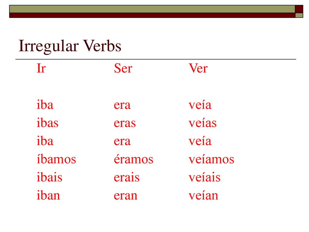 Irregular Verbs Ir iba ibas íbamos ibais iban Ser era eras éramos