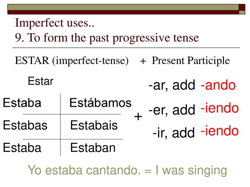 Imperfect uses.. 9. To form the past progressive tense