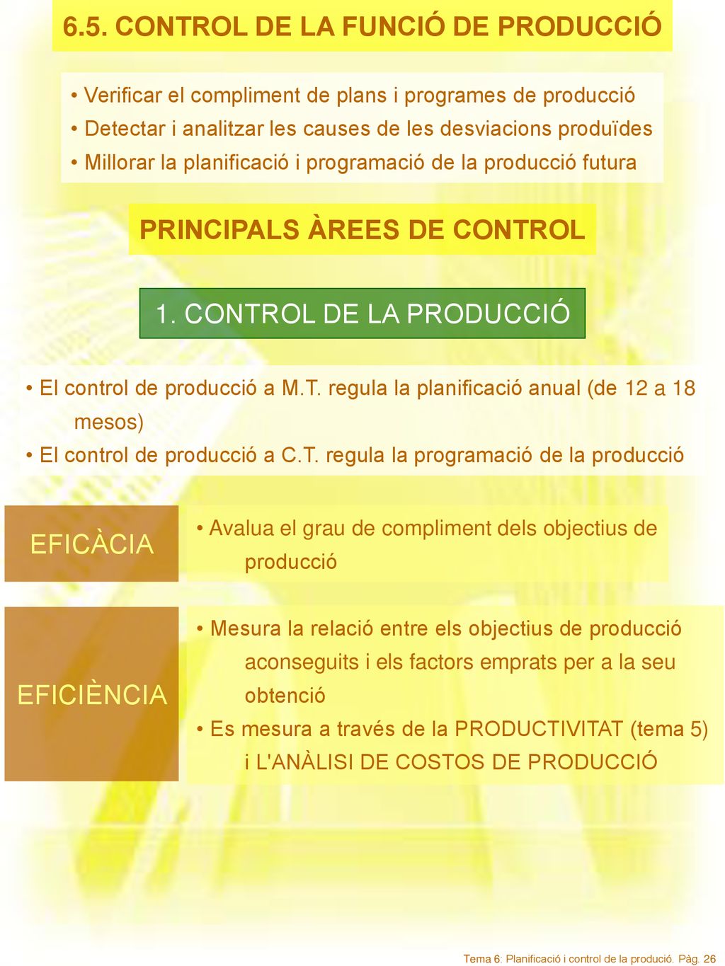 6.5. CONTROL DE LA FUNCIÓ DE PRODUCCIÓ PRINCIPALS ÀREES DE CONTROL