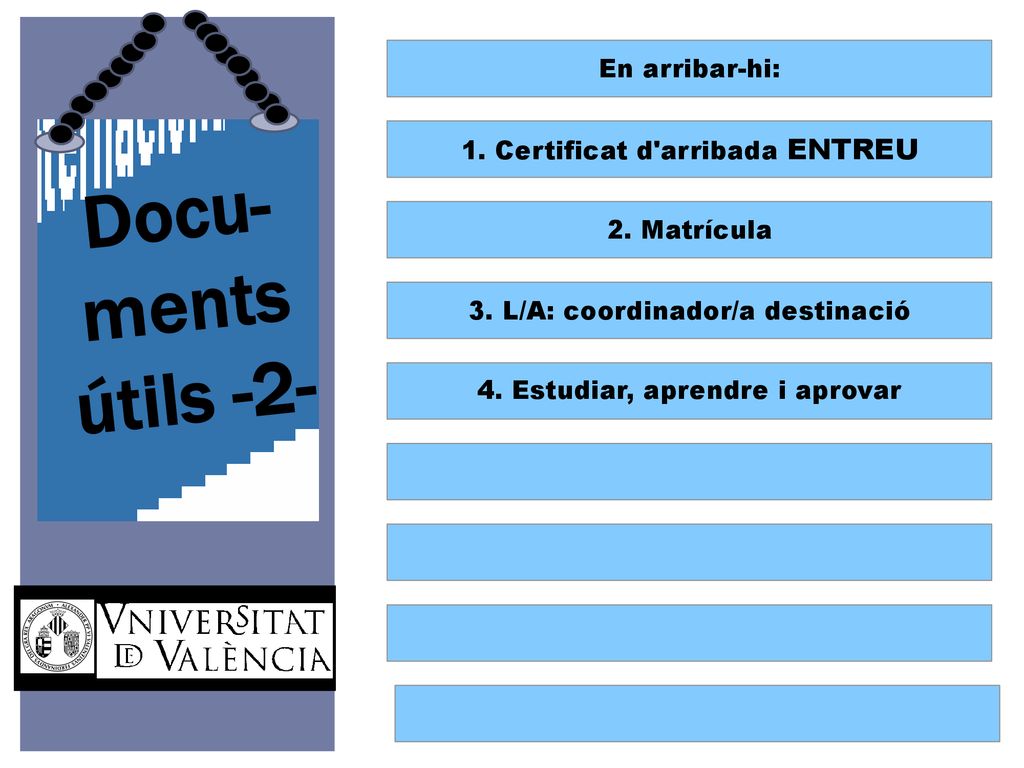 Docu- ments útils -2- En arribar-hi: 1. Certificat d arribada ENTREU