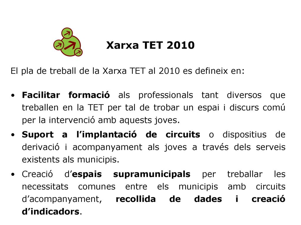 Xarxa TET 2010 El pla de treball de la Xarxa TET al 2010 es defineix en: