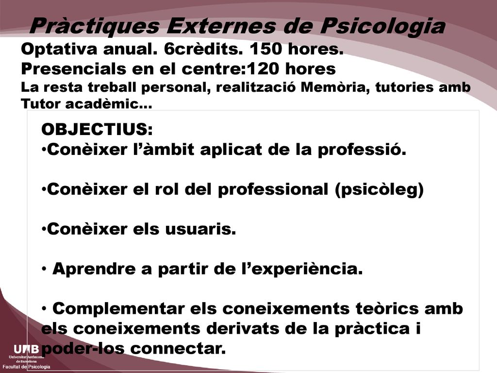 Pràctiques Externes de Psicologia Optativa anual. 6crèdits. 150 hores
