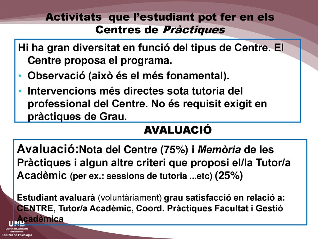 Activitats que l’estudiant pot fer en els Centres de Pràctiques