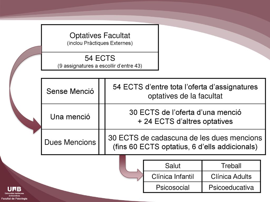 54 ECTS d’entre tota l’oferta d’assignatures optatives de la facultat