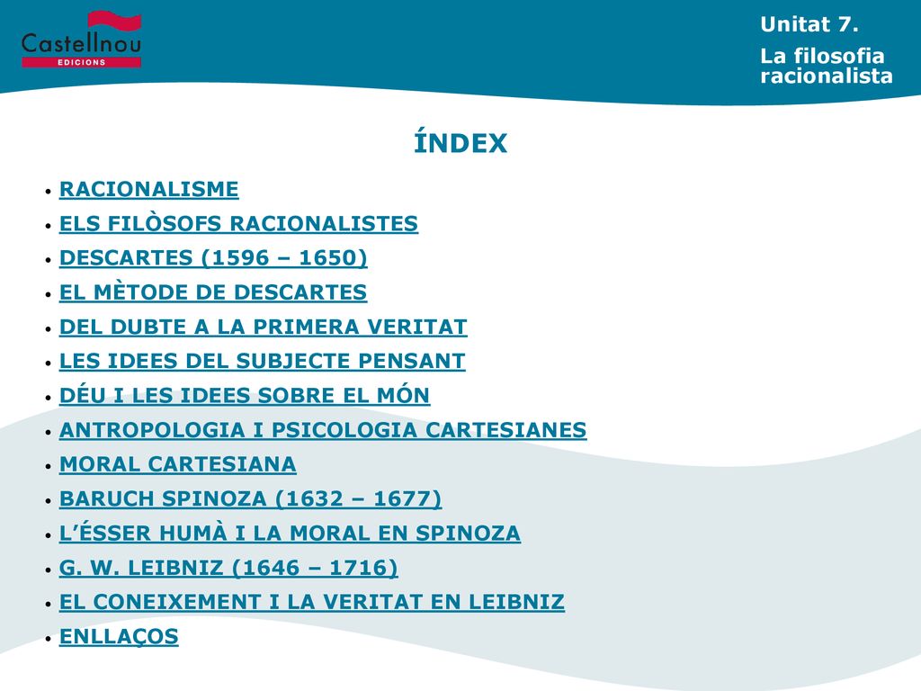 ÍNDEX Unitat 7. La filosofia racionalista RACIONALISME