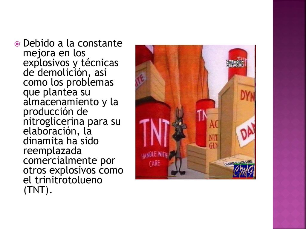 Debido a la constante mejora en los explosivos y técnicas de demolición, así como los problemas que plantea su almacenamiento y la producción de nitroglicerina para su elaboración, la dinamita ha sido reemplazada comercialmente por otros explosivos como el trinitrotolueno (TNT).