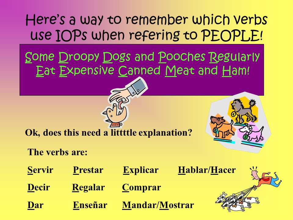 Here’s a way to remember which verbs use IOPs when refering to PEOPLE!