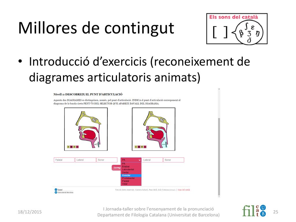 Millores de contingut Introducció d’exercicis (reconeixement de diagrames articulatoris animats) 18/12/2015.