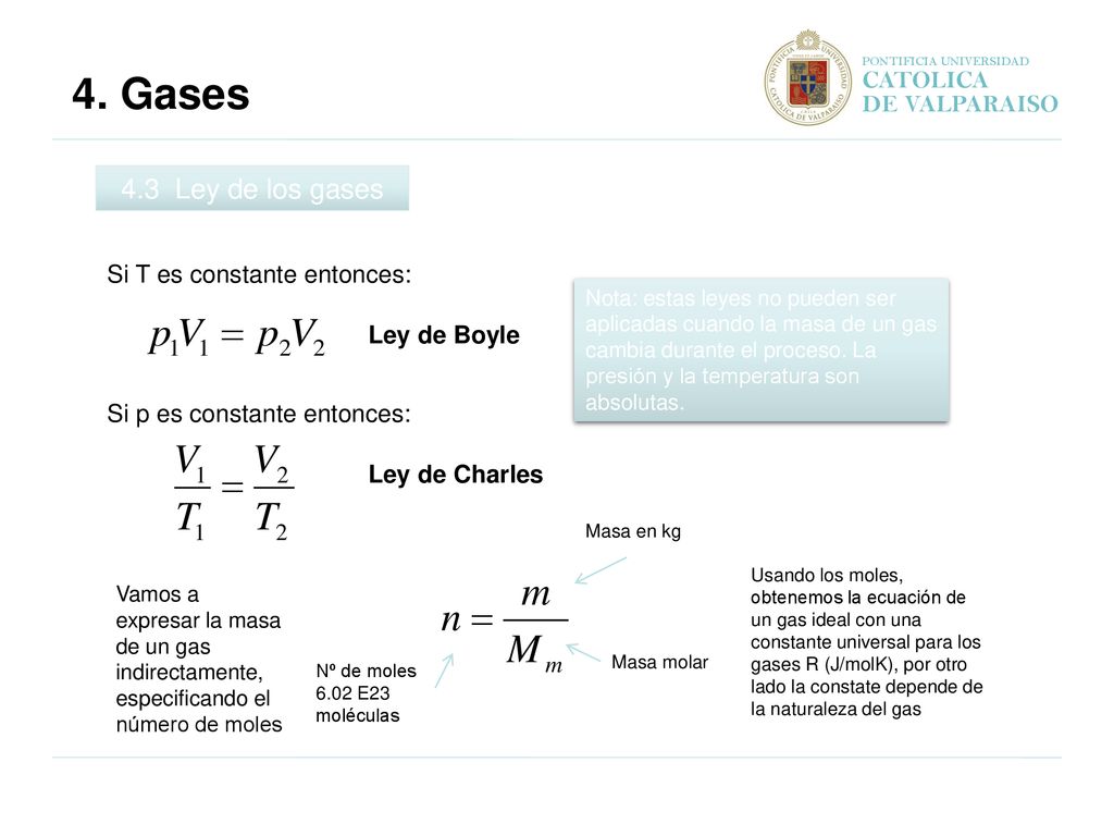 4. Gases 4.3 Ley de los gases CATOLICA DE VALPARAISO