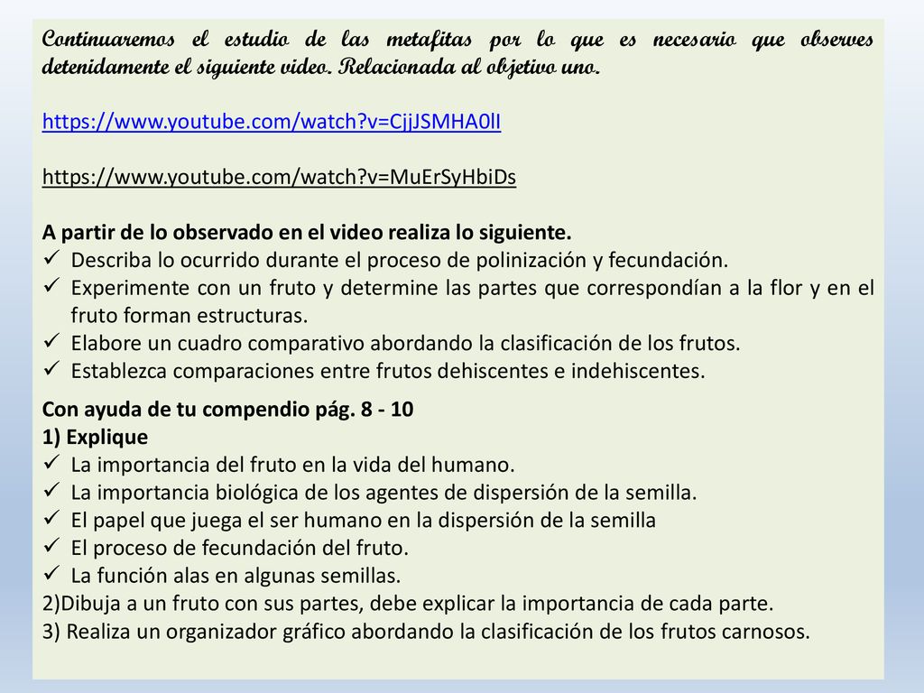 Continuaremos el estudio de las metafitas por lo que es necesario que observes detenidamente el siguiente video. Relacionada al objetivo uno.
