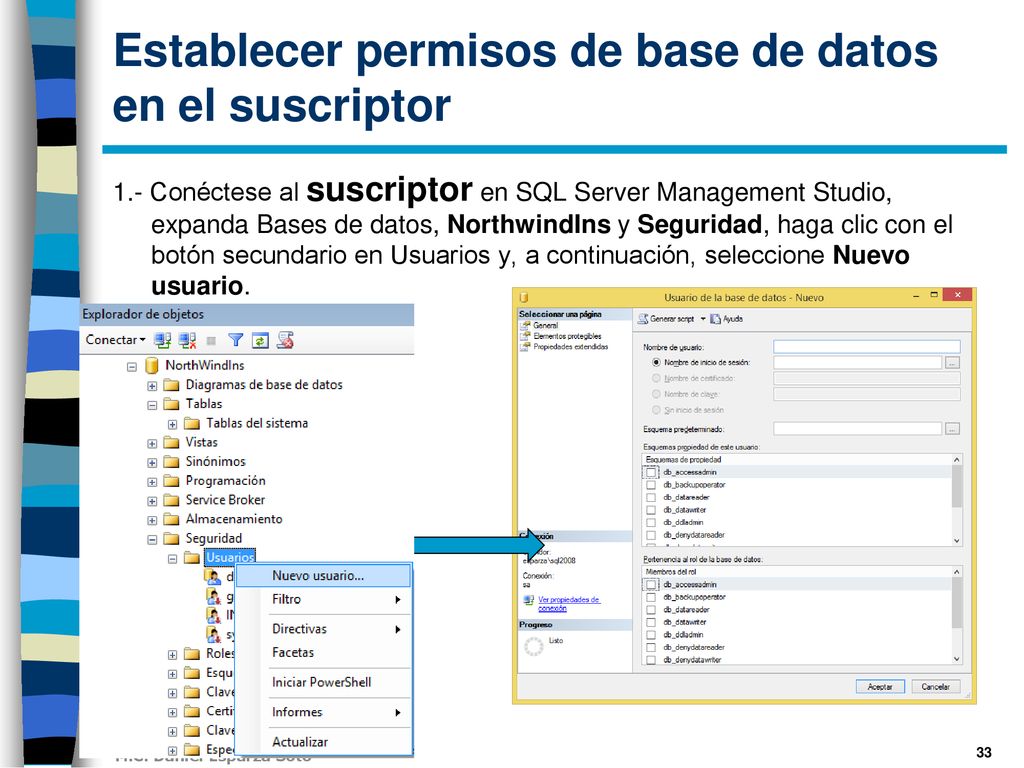 Establecer permisos de base de datos en el suscriptor
